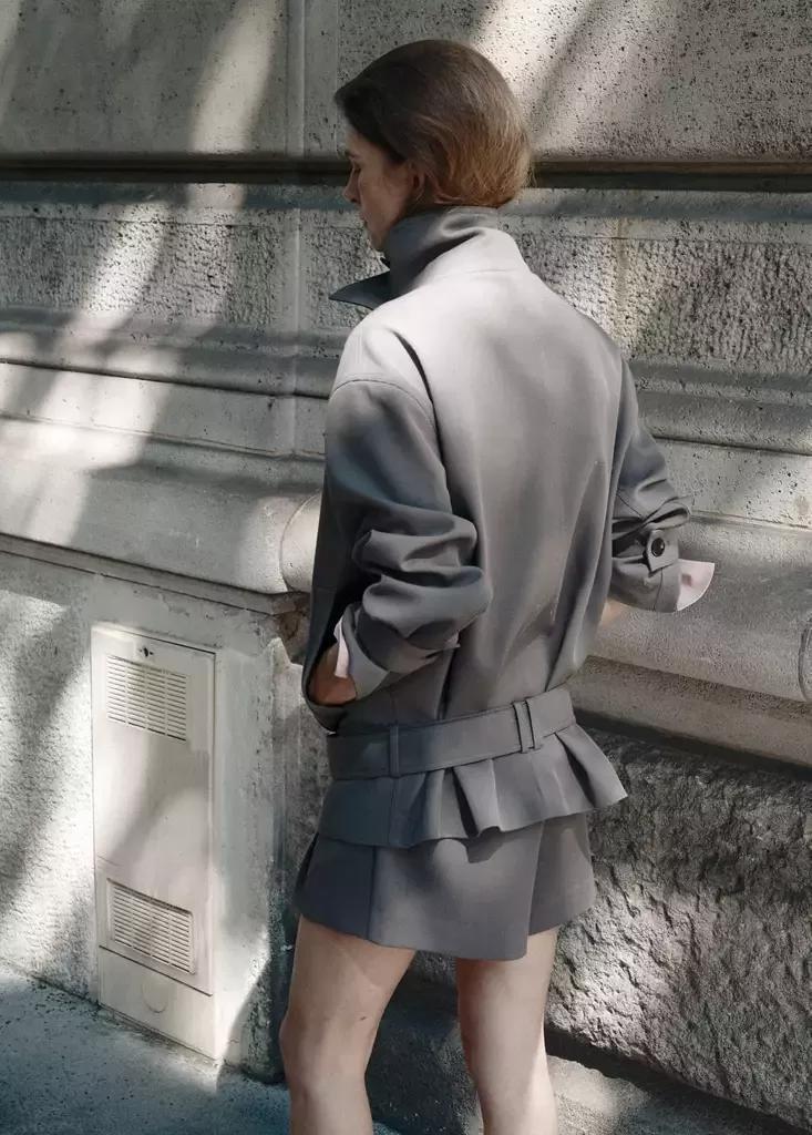 Grey Funnel Neck Belted Trench Coat, Grey, large image number 2