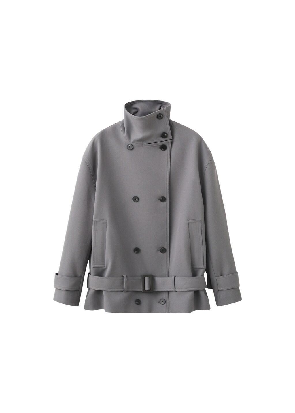 Grey Funnel Neck Belted Trench Coat, Grey, large image number 3