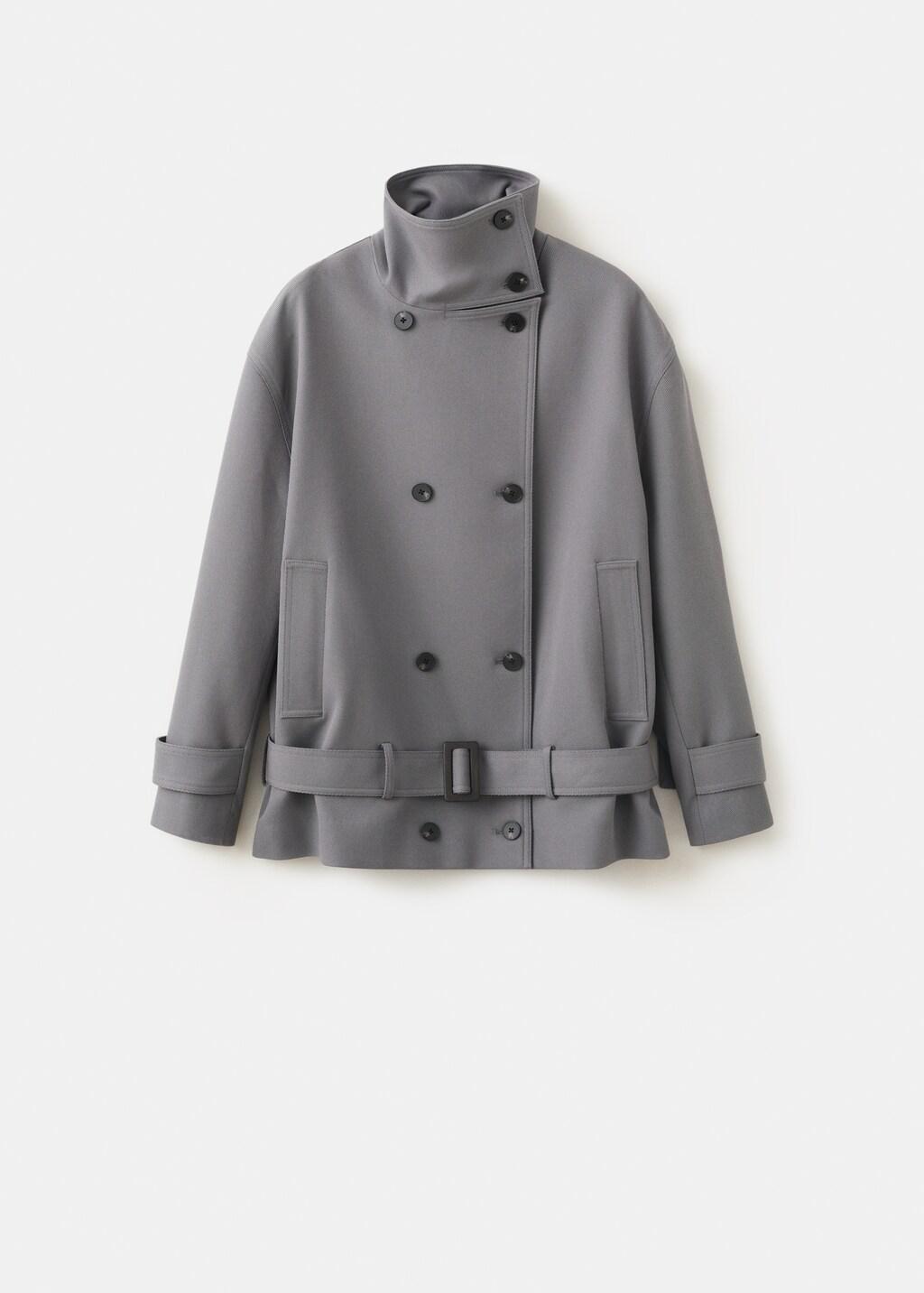 Grey Funnel Neck Belted Trench Coat, Grey, large image number 4