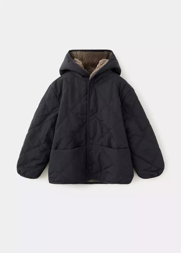 Black Fur-Effect Quilted Coat, Black, medium