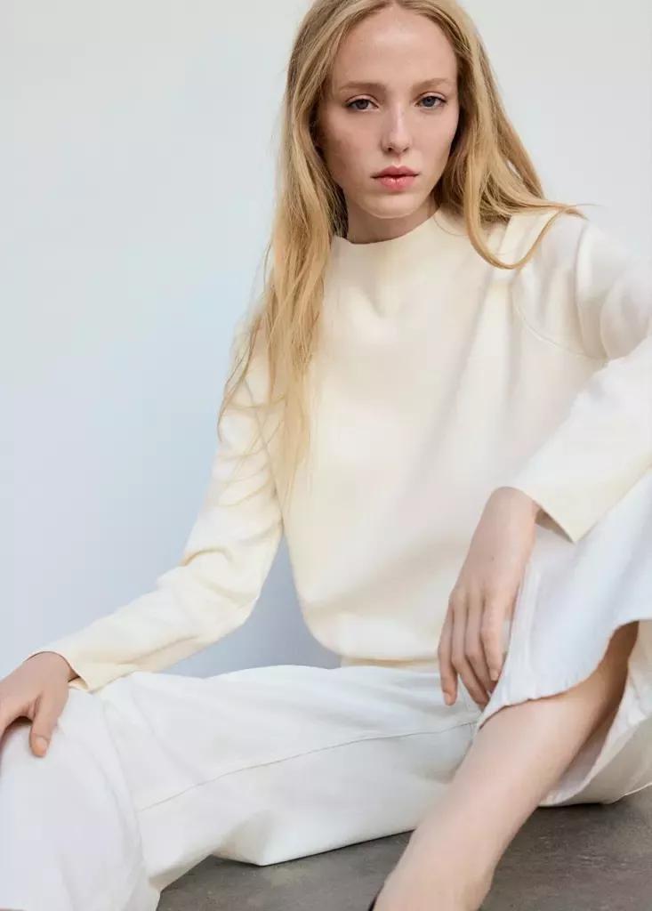 Beige Knitted Sweater With Perkins Neck, Light Beige, large image number 7