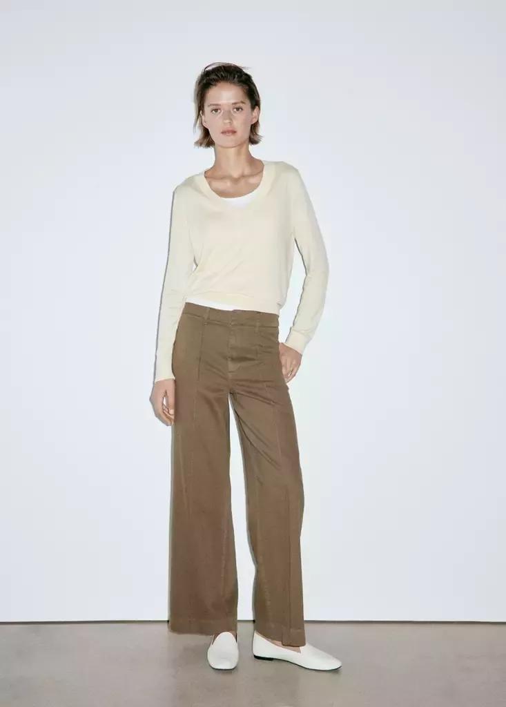 Khaki High-Waisted Wide Leg Jeans With Stitching, Beige - Khaki, large image number 0