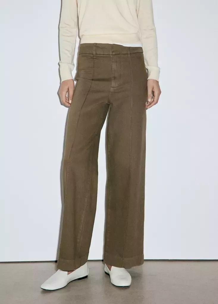 Khaki High-Waisted Wide Leg Jeans With Stitching, Beige - Khaki, large image number 1