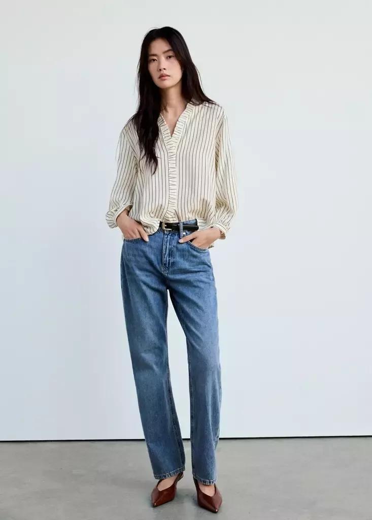 Ecru Striped Blouse With Frill Detail, , large image number 0