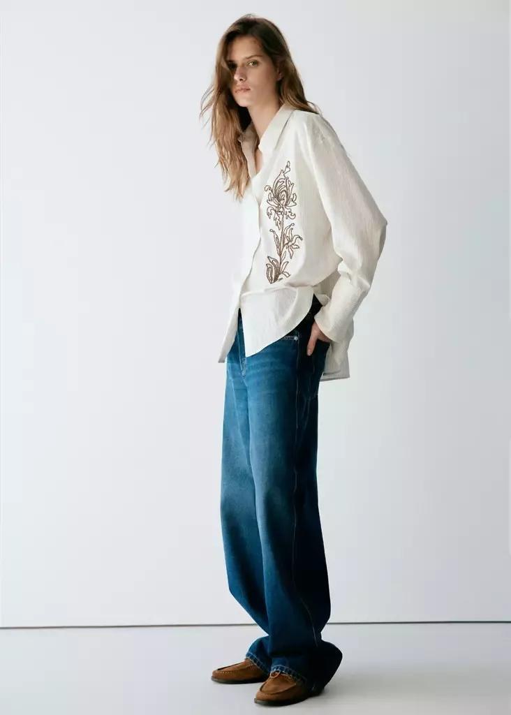 White Flower Embroidered Striped Shirt, Natural White, medium