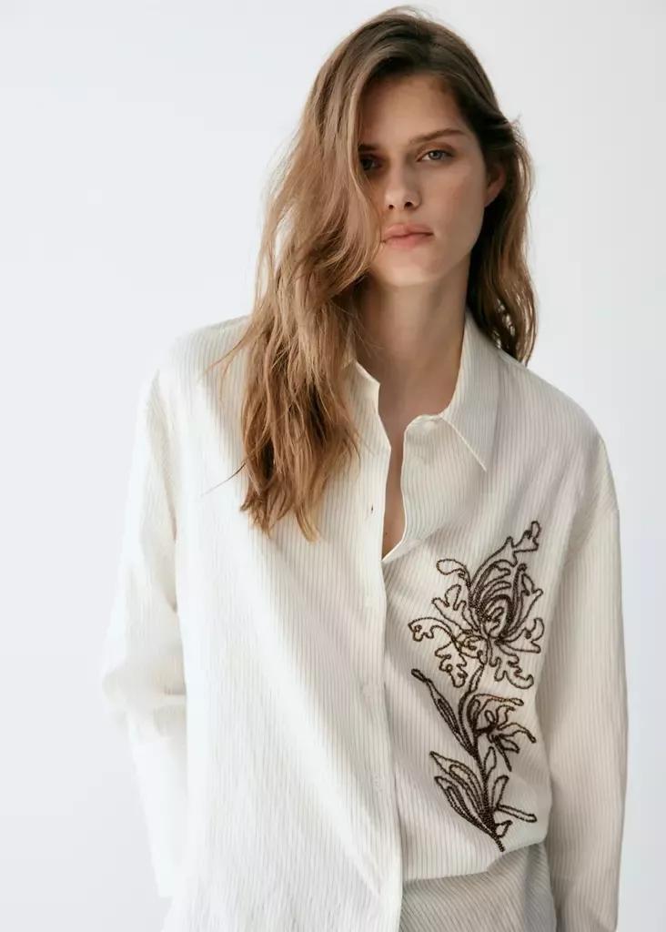White Flower Embroidered Striped Shirt, Natural White, medium