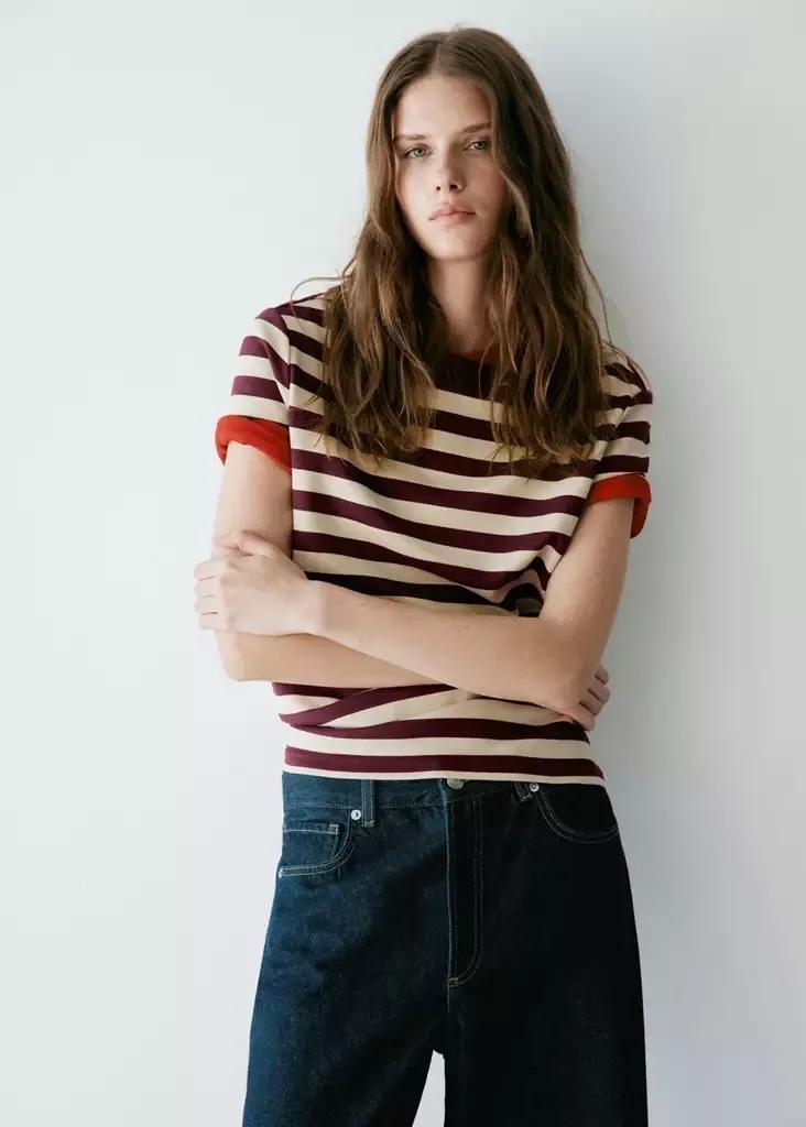 Burgundy Striped Short-Sleeved T-Shirt, Dark Red, medium