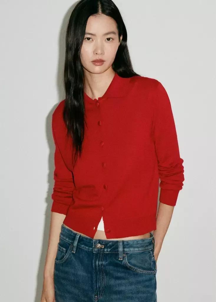 Red Cardigan With Buttons And Lapel Collar, Red, large image number 1