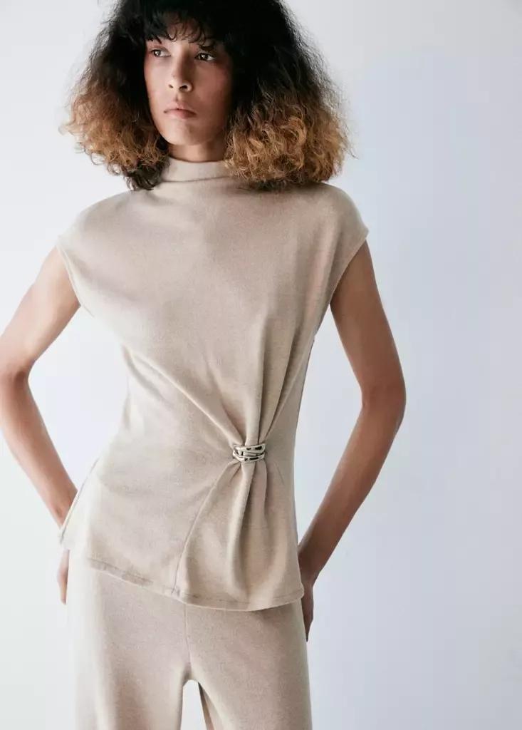 Beige Knit Top With Brooch Detail, Light Pastel Brown, large image number 1
