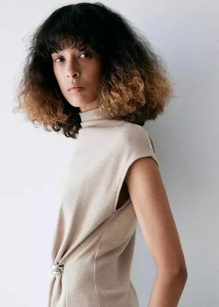 Beige Knit Top With Brooch Detail, Light Pastel Brown, large image number 3