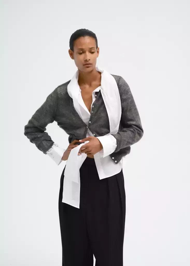 Grey Fine Knit Button-Up Cardigan, Dark Grey, large image number 1