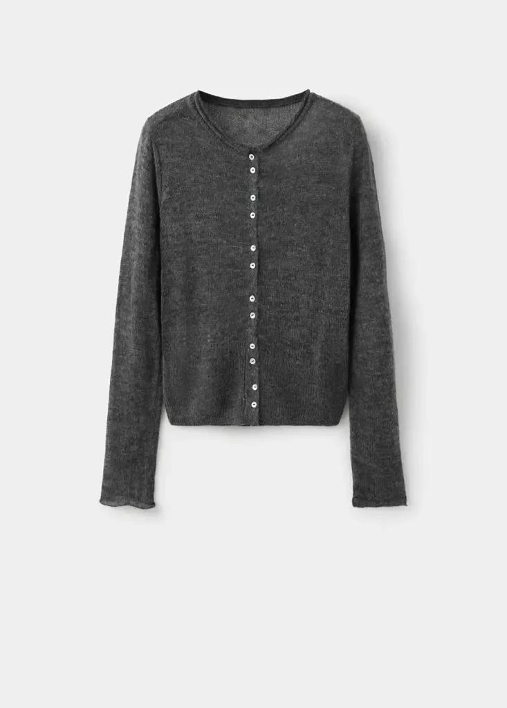 Grey Fine Knit Button-Up Cardigan, Dark Grey, large image number 4