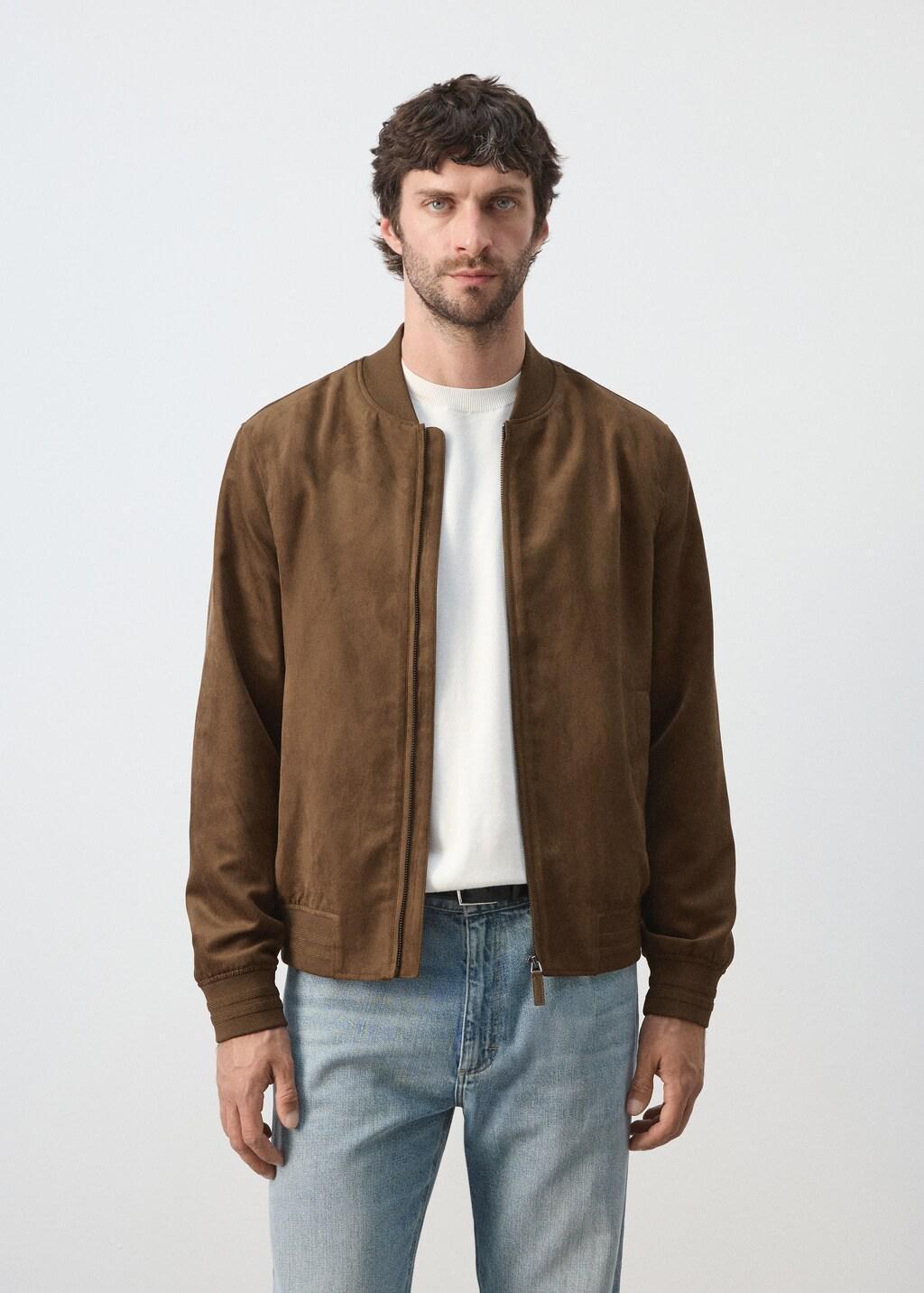 Brown Suede-Effect Bomber Jacket, Dark Brown, large image number 3