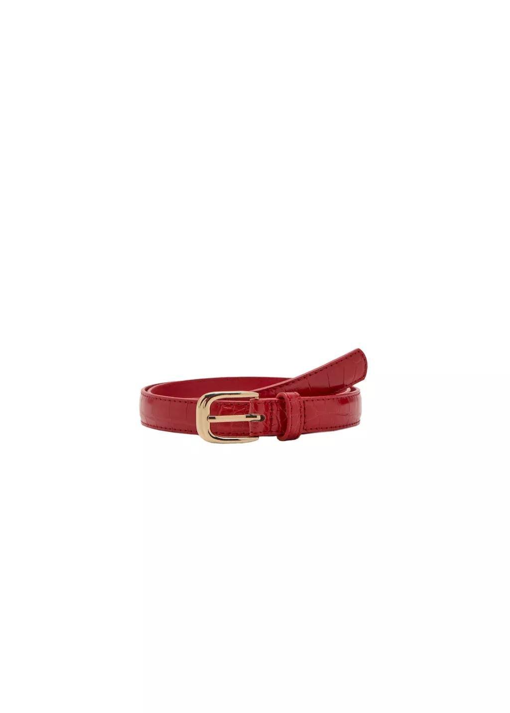 Red Thin Faux Crocodile Leather Belt, 0201_70, large image number 2