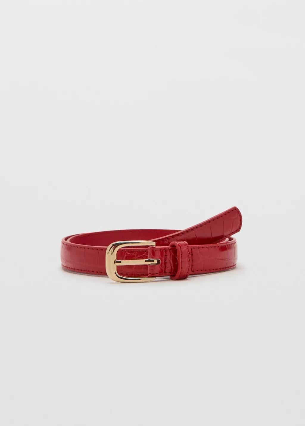 Red Thin Faux Crocodile Leather Belt, 0201_70, large image number 3