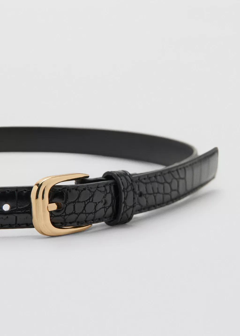 Black Thin Faux Crocodile Leather Belt, Black, large image number 0