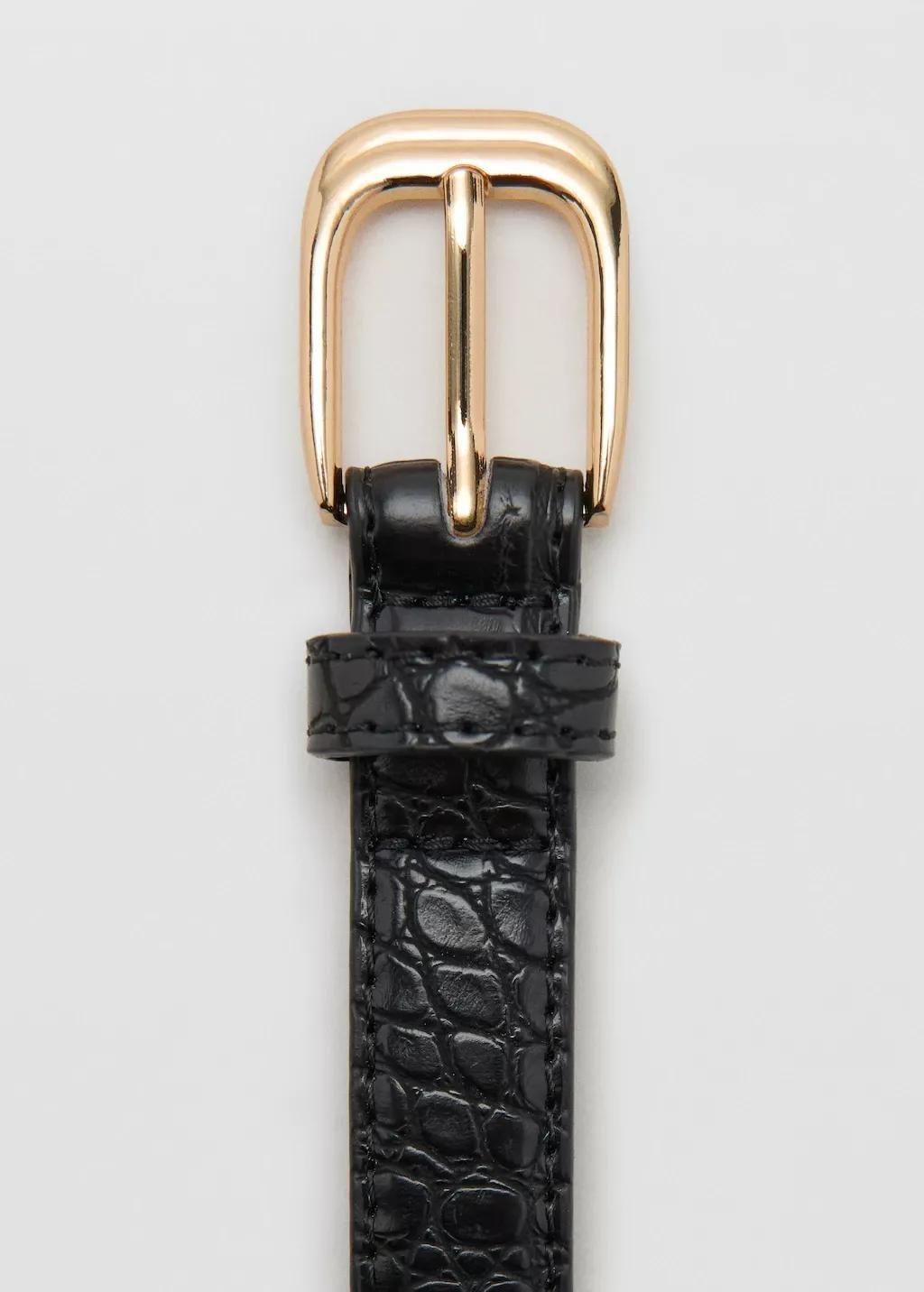 Black Thin Faux Crocodile Leather Belt, Black, large image number 1