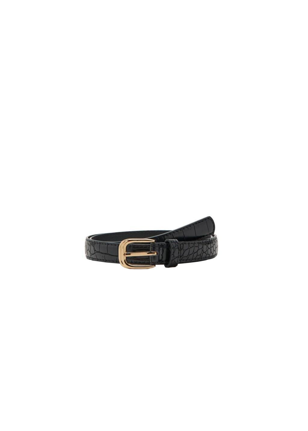 Black Thin Faux Crocodile Leather Belt, Black, large image number 2