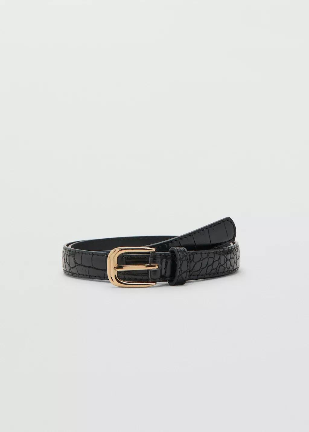 Black Thin Faux Crocodile Leather Belt, Black, large image number 3