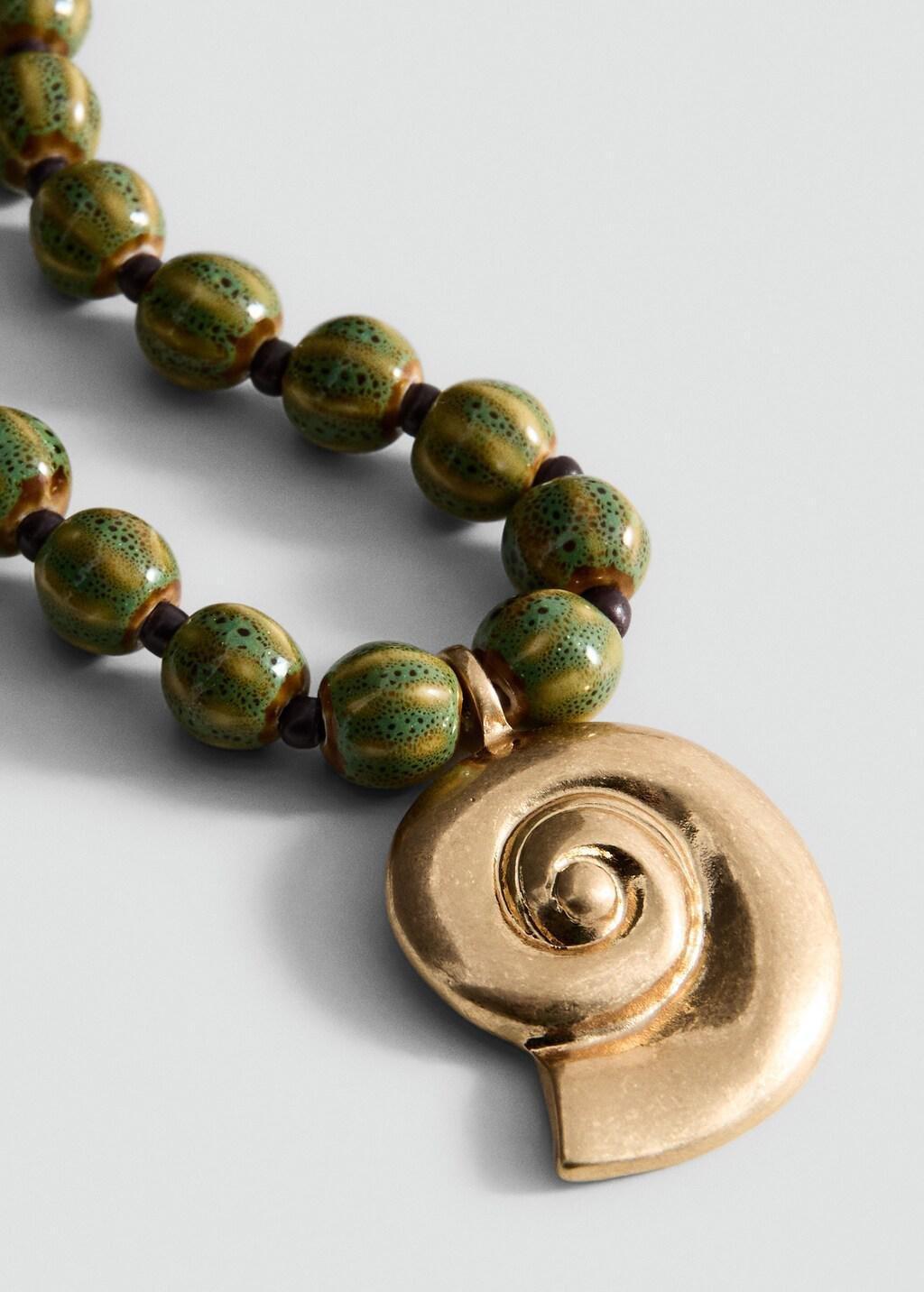 Gold Beaded Necklace With Ceramic Shell Appliqu&eacute;, Gold, medium