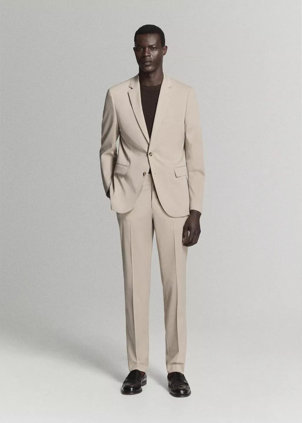 Beige Stretch Fabric Super Slim-Fit Suit Trousers, Light Beige, large image number 0
