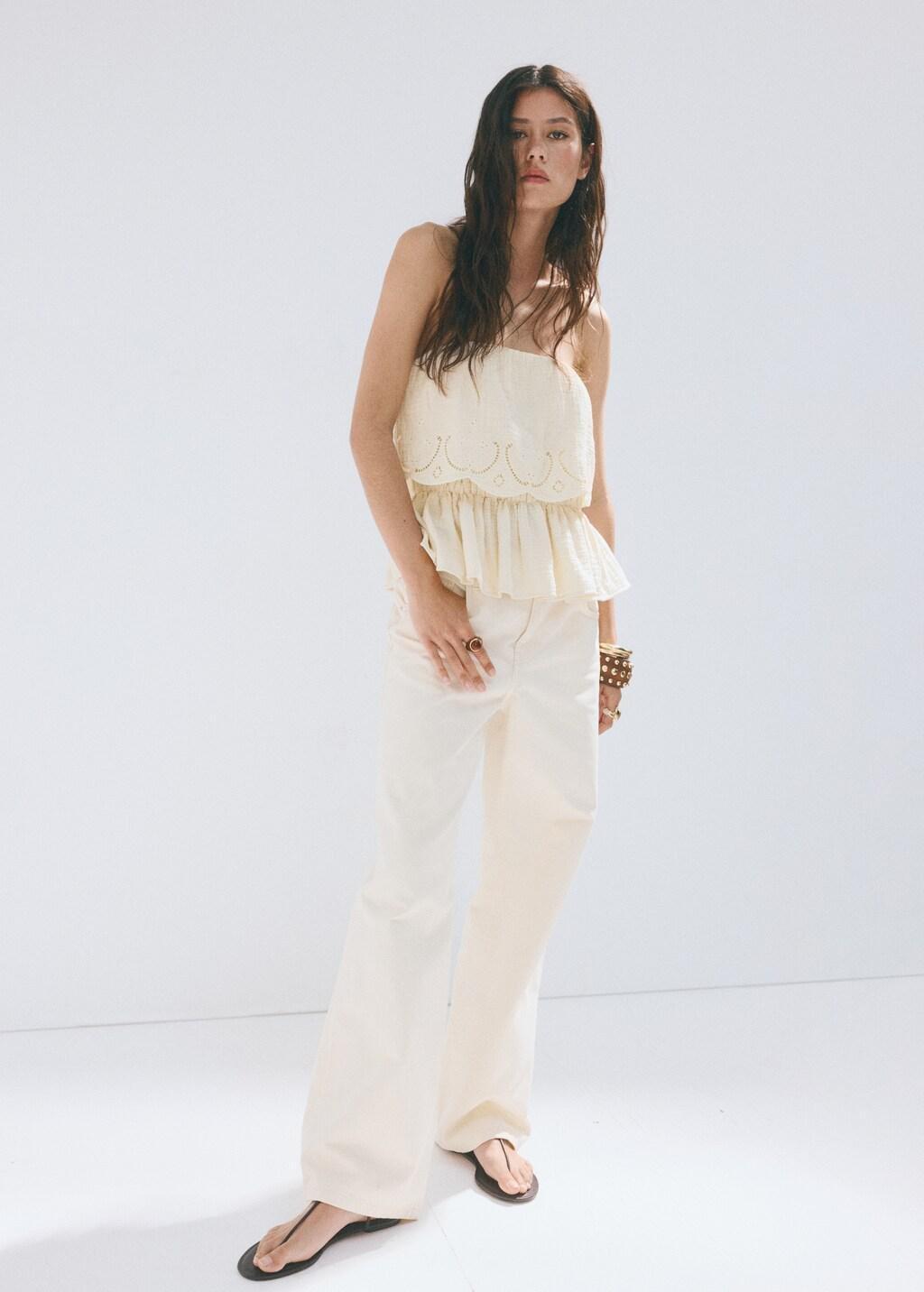 Beige Crinkle Top With Embroidered Details, Light Beige, medium