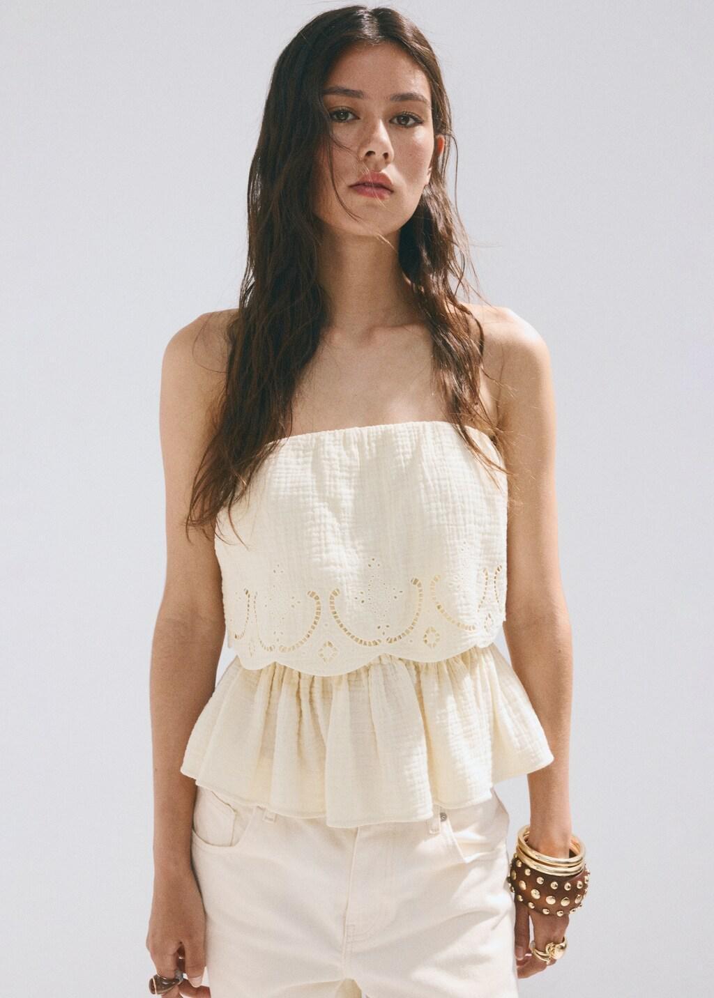 Beige Crinkle Top With Embroidered Details, Light Beige, large image number 3