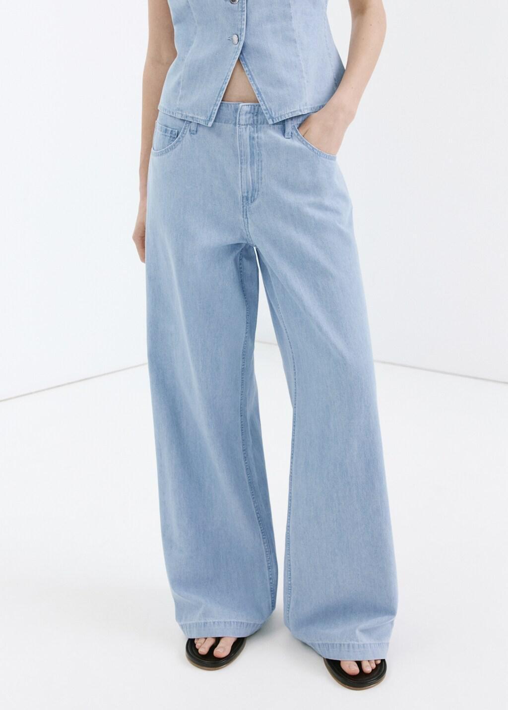Blue Wide Leg Mid-Rise Jeans, Open Blue, large image number 3
