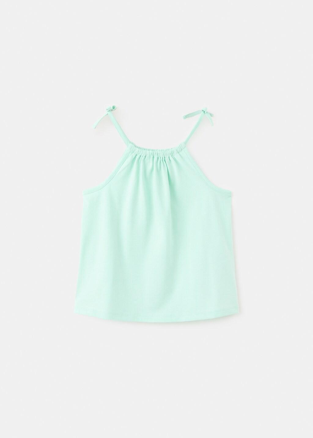 Green Cotton T-Shirt With Tie Details, Kids Girls, Green, large image number 0
