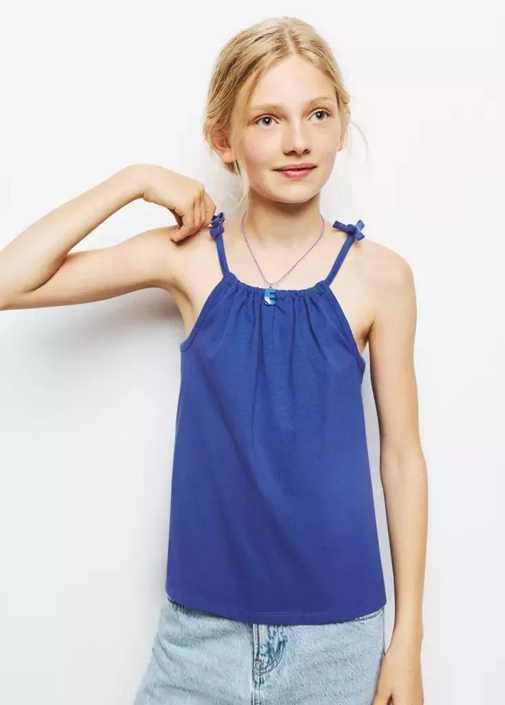 Navy Cotton T-Shirt With Tie Details, Kids Girls, Navy, large image number 0
