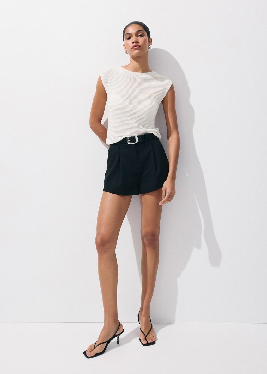 White Short-Sleeved Knitted Sweater, Natural White, large image number 0