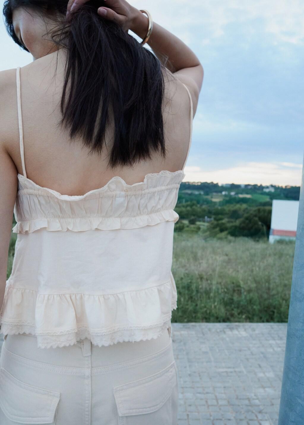Beige Ruffled Top With Embroidered Details, Light Beige, medium