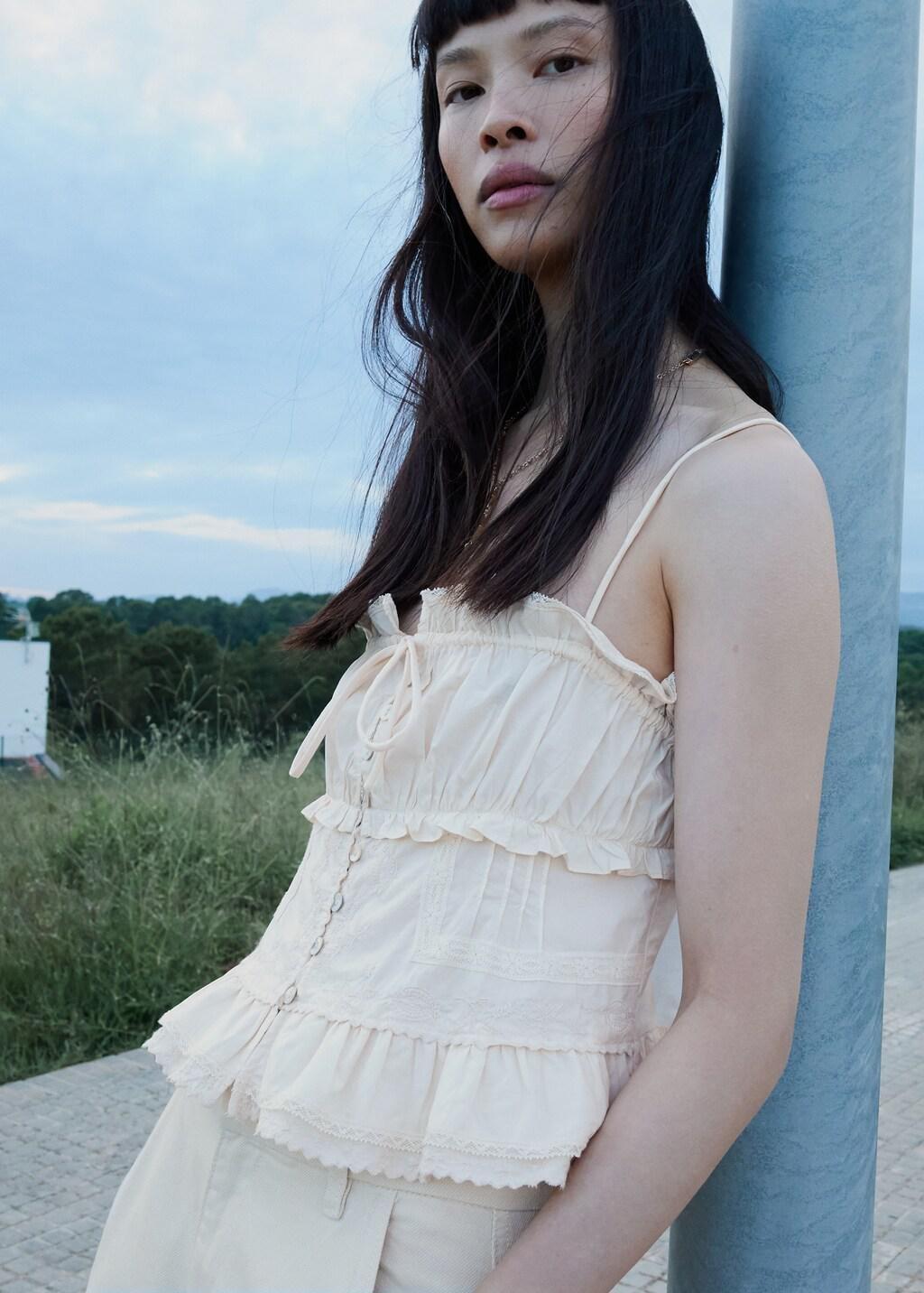Beige Ruffled Top With Embroidered Details, Light Beige, large image number 3