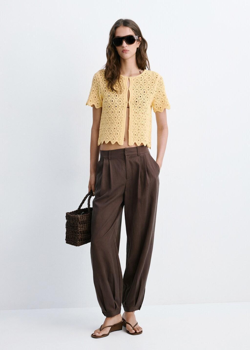 Yellow Scalloped Openwork Knit Cardigan, Yellow, large image number 0