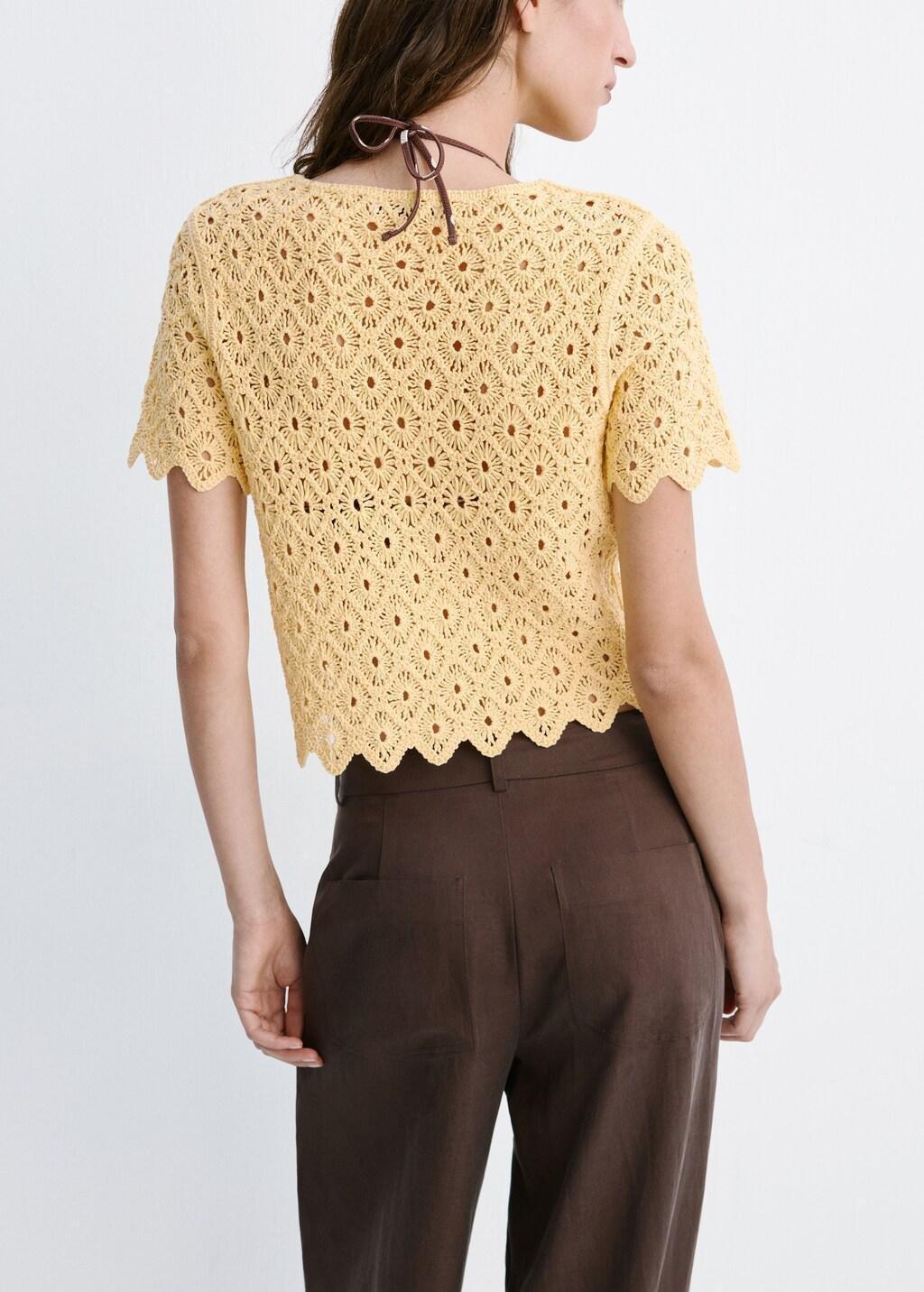 Yellow Scalloped Openwork Knit Cardigan, Yellow, large image number 2