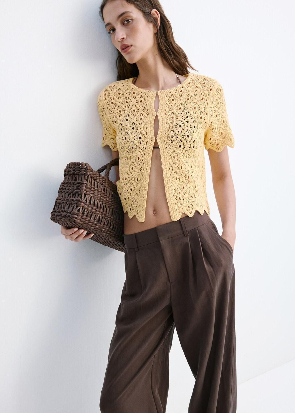 Yellow Scalloped Openwork Knit Cardigan, Yellow, large image number 3