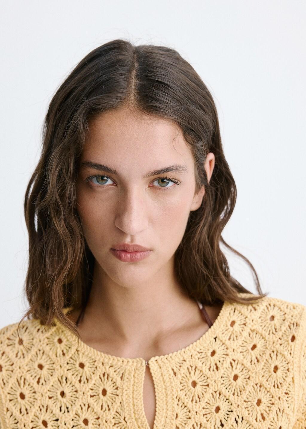 Yellow Scalloped Openwork Knit Cardigan, Yellow, large image number 4