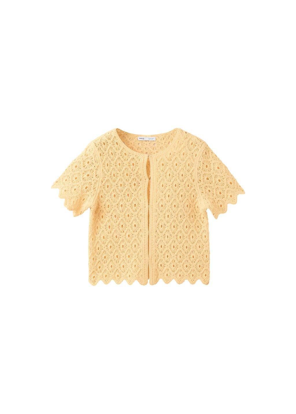 Yellow Scalloped Openwork Knit Cardigan, Yellow, large image number 6