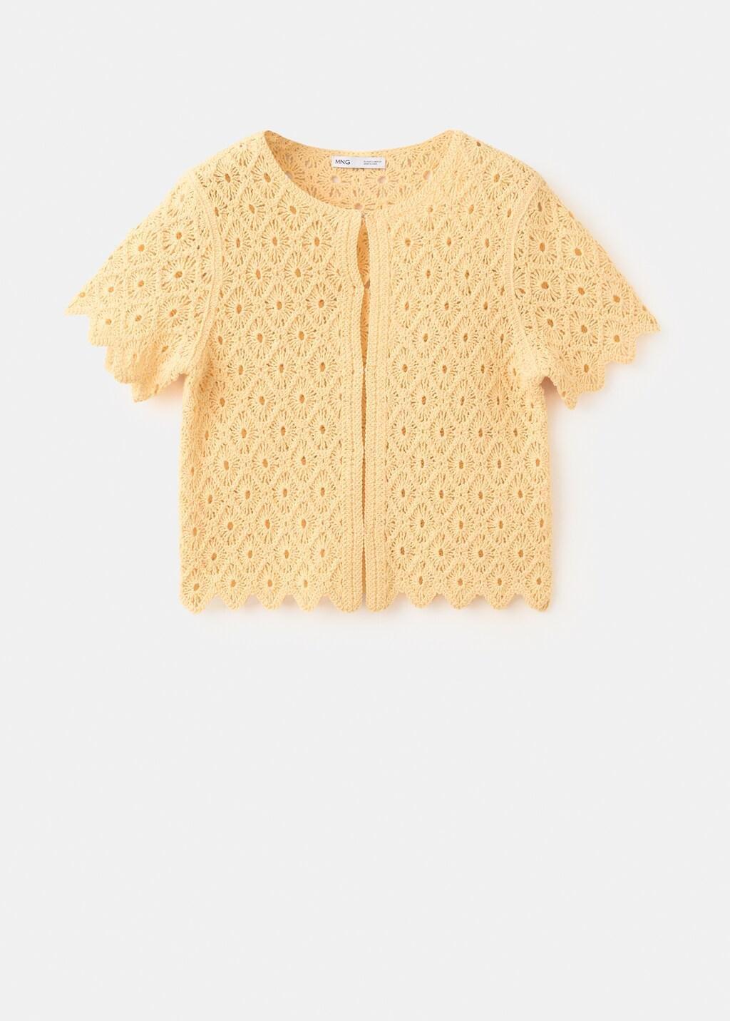 Yellow Scalloped Openwork Knit Cardigan, Yellow, large image number 7