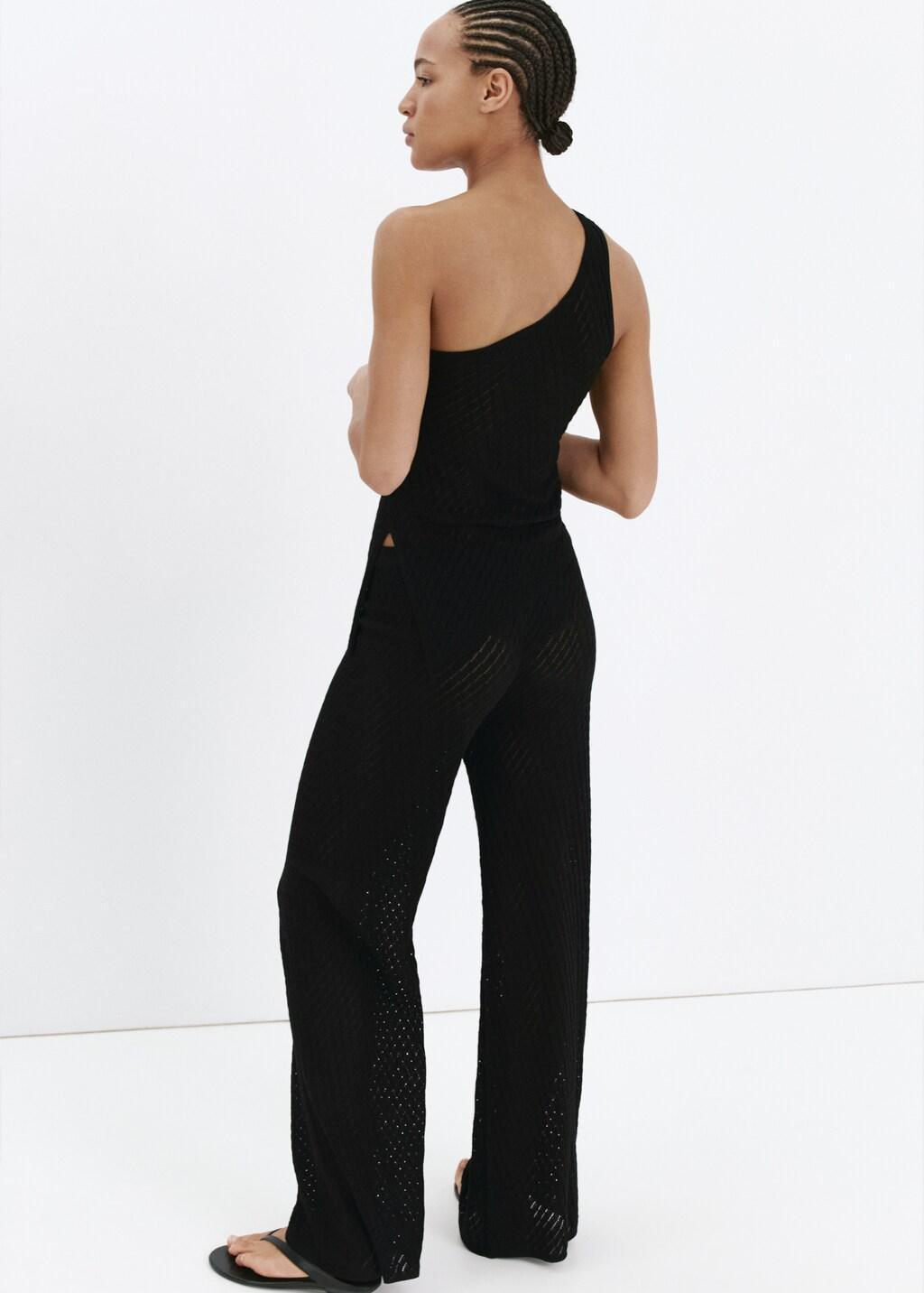 Black Straight-Fit Openwork Knitted Trousers, Black, large image number 2