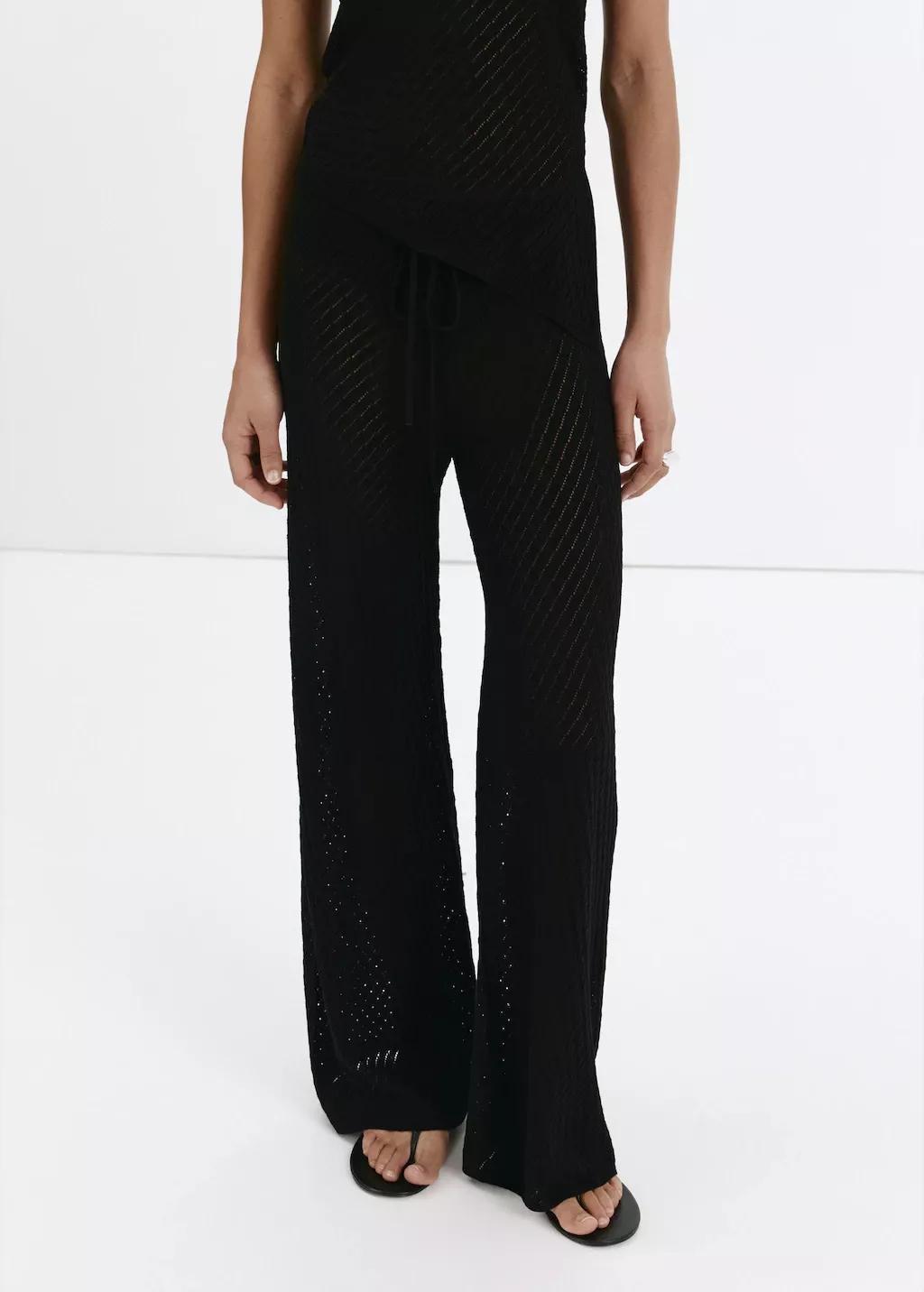Black Straight-Fit Openwork Knitted Trousers, Black, large image number 3