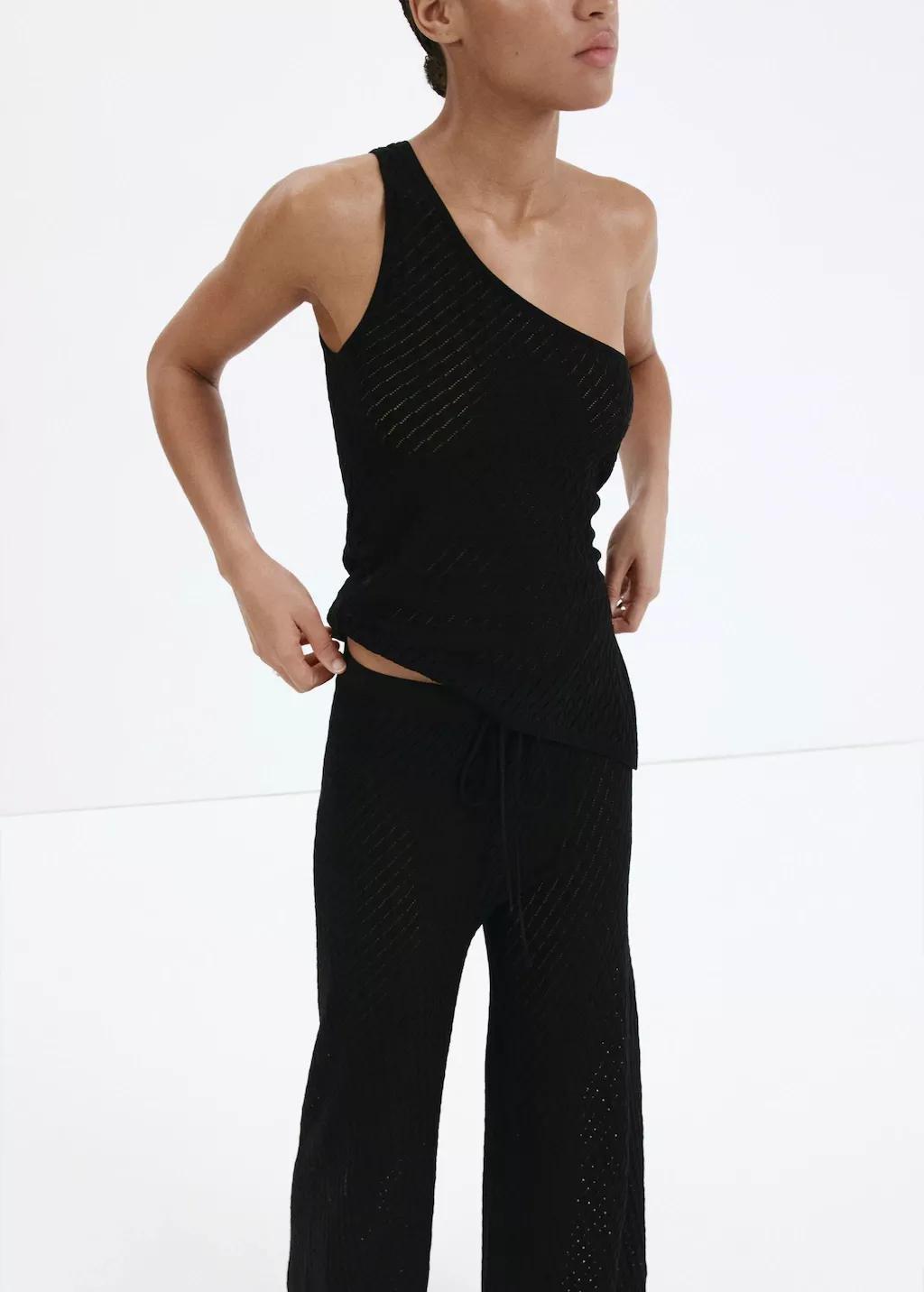 Black Straight-Fit Openwork Knitted Trousers, Black, large image number 4
