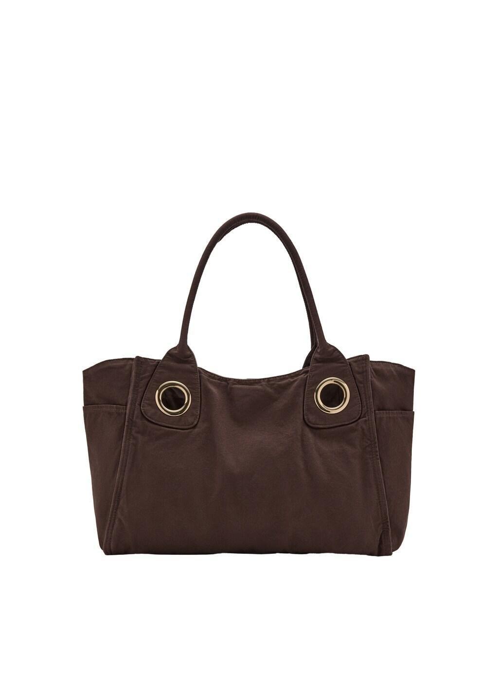 DARK BROWN Canvas eyelets handbag, Dark Brown, large image number 2