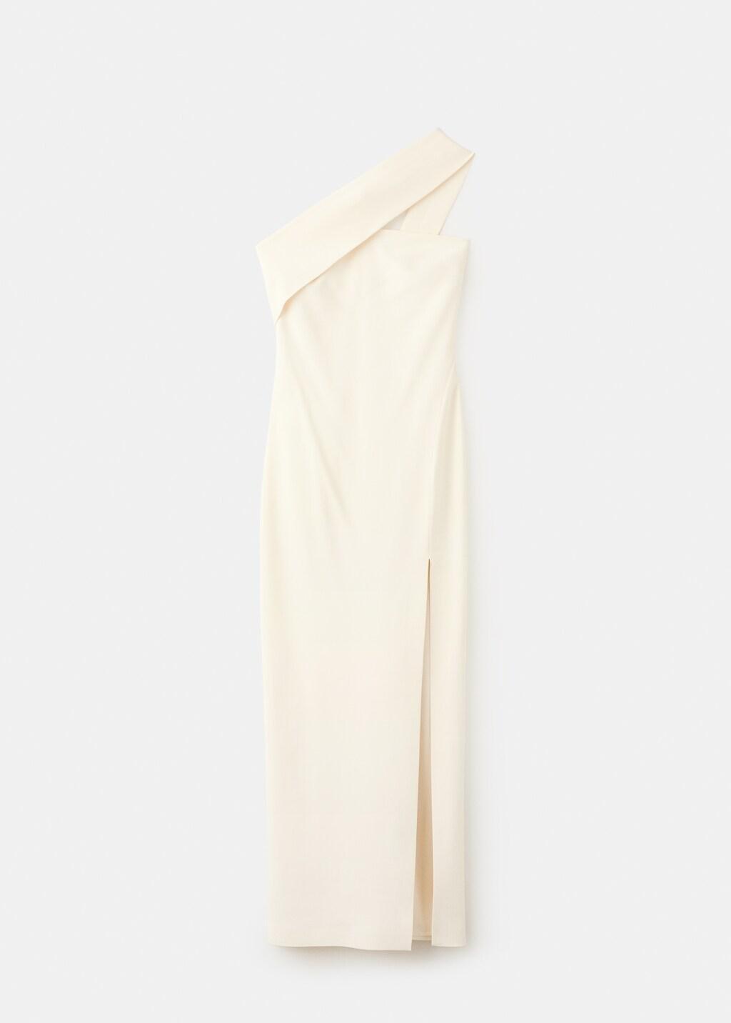 Beige Long Dress With An Asymmetric Neckline, Light Beige, large image number 7