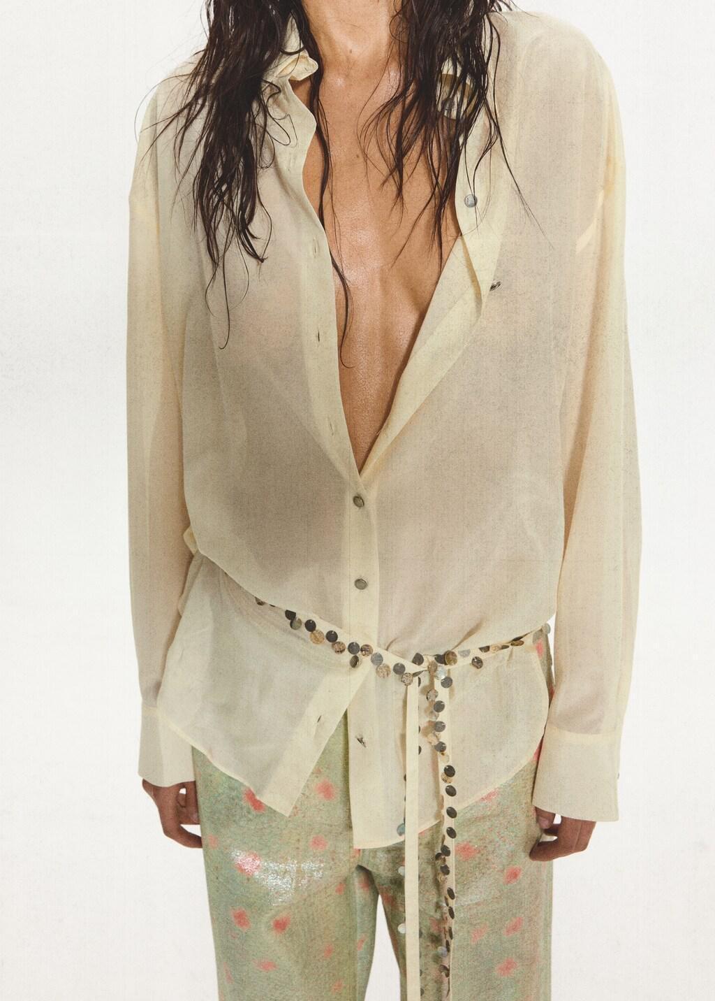 White Semi-Transparent Shirt With Beaded Belt, Natural White, large image number 3