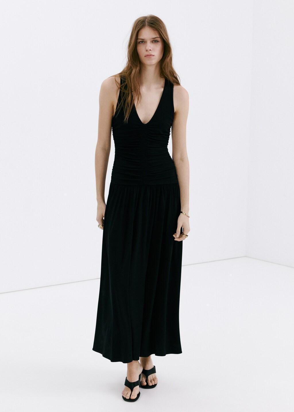 Black Ruched Long Dress, Black, large image number 0
