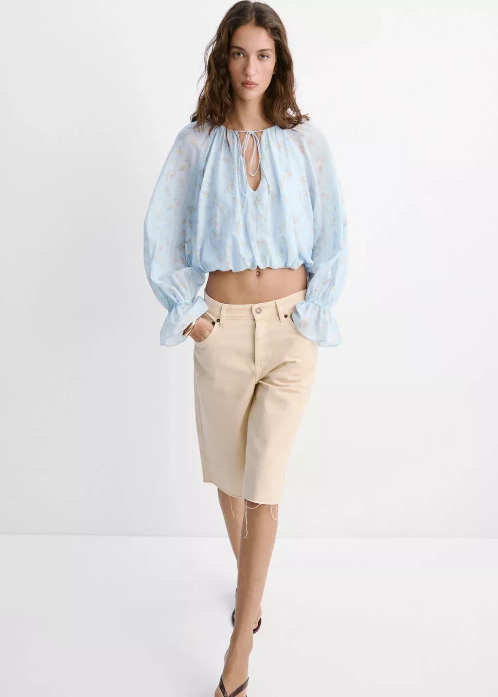 Blue Floral Print Crop Top, Medium Blue, medium
