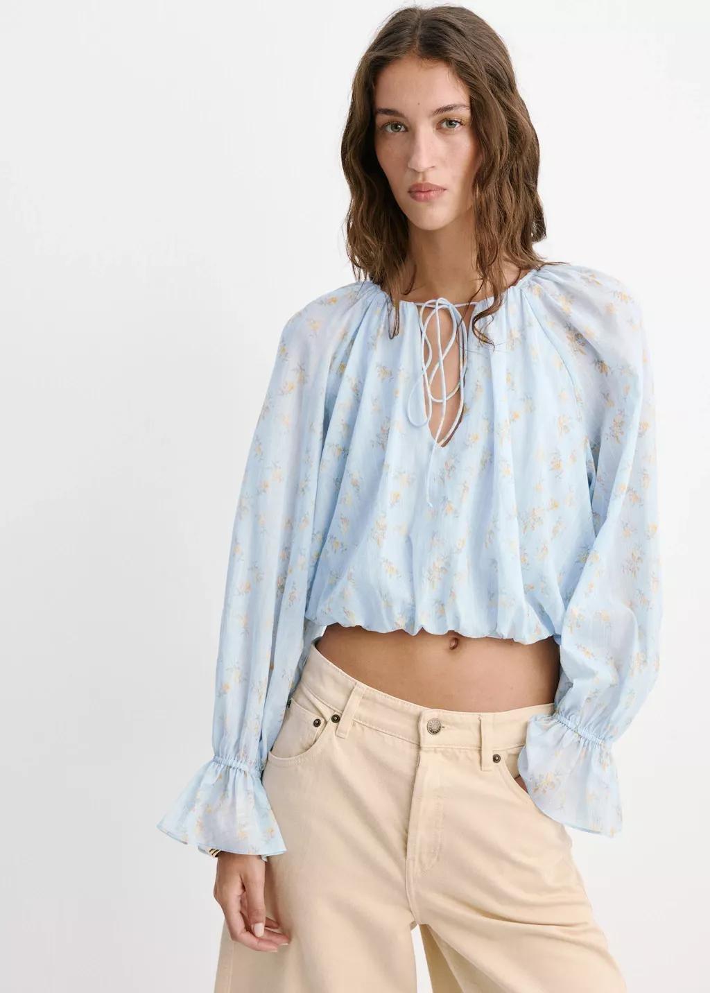 Blue Floral Print Crop Top, Medium Blue, large image number 3