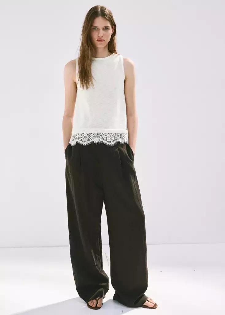 Beige Lace Detail Knit Top, Light Beige, large image number 0