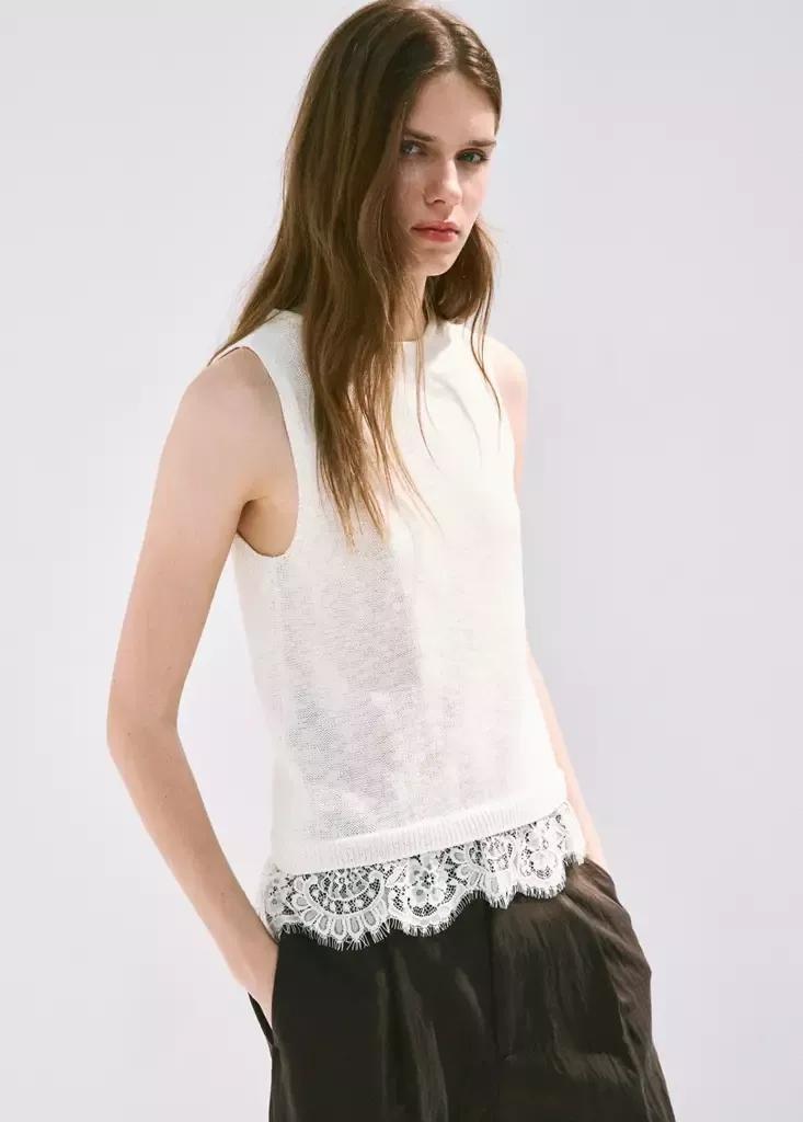 Beige Lace Detail Knit Top, Light Beige, medium